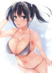  1girl arm_up between_breasts black_hair blue_eyes breasts cleavage dated from_above front-tie_bikini front-tie_top grey_bikini hair_ribbon highres large_breasts navel open_mouth original ribbon sakiryo_kanna shiny shiny_skin solo strap_gap string_bikini sweat twintails 