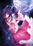 1girl black_hair blouse blush crying dress dutch_angle falling frills full_moon houraisan_kaguya long_hair long_skirt looking_at_viewer moon night night_sky open_mouth red_eyes rimei skirt sky solo star_(sky) starry_sky tears touhou wide_sleeves wind