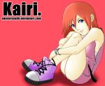  1girl bare_legs bare_shoulders blue_eyes bracelet curled_up dress jewelry kairi_(kingdom_hearts) kingdom_hearts leg_hug pink_dress redhead simple_background sitting skirt solo thighs watermark web_address zipper 