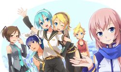  2boys 4girls :d ;d blonde_hair blue_eyes blue_hair blush breasts brown_hair closed_mouth costume_switch crossdressinging detached_sleeves embarrassed green_eyes green_hair hair_between_eyes hair_ornament hair_ribbon hairclip hatsune_miku headphones kagamine_len kagamine_rin kaito long_hair long_sleeves looking_at_viewer medium_breasts megurine_luka meiko midriff multiple_boys multiple_girls necktie one_eye_closed open_mouth pink_hair ponytail ribbon sanndo scarf shrug simple_background skirt small_breasts smile twintails very_long_hair vocaloid wink 