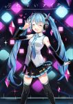  1girl blue_hair closed_eyes detached_sleeves dr_poapo hatsune_miku headphones highres long_hair necktie open_mouth skirt solo thigh-highs twintails very_long_hair vocaloid 