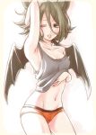  1girl alternate_costume animal_ears arm_behind_head arm_up armpits bat_ears bat_girl bat_wings blue_eyes breasts brown_hair buttons cleavage collarbone contrapposto cowboy_shot eyelashes fingernails fukai_(yas_lions) grey_shirt hair_between_eyes hand_in_hair hand_on_own_stomach hilgendorf&#039;s_tube-nose_bat_(kemono_friends) kemono_friends lips looking_at_viewer medium_breasts midriff multicolored multicolored_background navel one_eye_closed orange_panties pajamas panties parted_lips pink_background pink_lips shirt short_hair sideboob sleepwear solo stomach tank_top teeth underwear white_background wings 