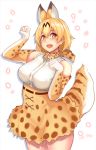  1girl :d animal_ears bare_shoulders blonde_hair blush breasts cowboy_shot cross-laced_clothes elbow_gloves gloves hair_between_eyes high-waist_skirt highres kemono_friends large_breasts looking_at_viewer open_mouth orange_eyes paw_pose print_gloves print_skirt serval_(kemono_friends) serval_ears serval_print serval_tail shirt short_hair skirt sleeveless sleeveless_shirt smile solo striped_tail tail yashichii 