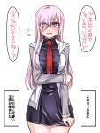  1girl black-framed_eyewear black_dress blush breasts dress eyes_visible_through_hair fate/grand_order fate_(series) glasses hair_over_one_eye jacket large_breasts long_hair mabo-udon necktie older open_mouth purple_hair red_necktie shielder_(fate/grand_order) smile solo they_had_lots_of_sex_afterwards translation_request violet_eyes 