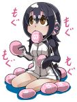  1girl ayame_(0419) black_hair brown_eyes eating hair_between_eyes headphones hood humboldt_penguin_(kemono_friends) japari_bun kemono_friends kneeling multicolored_hair short_hair solo 