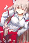  1girl arm_garter bangs blunt_bangs bow breasts cigarette cleavage collarbone cowboy_shot dateya_torahachi fujiwara_no_mokou grey_hair hair_bow hands_in_pockets highres juliet_sleeves leaning_forward long_hair long_sleeves looking_at_viewer medium_breasts navel ofuda_on_clothes open_fly orange_eyes pants puffy_sleeves red_pants shirt solo suspenders touhou very_long_hair white_bow white_shirt 