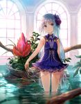  1girl blue_dress blue_eyes blue_hair blurry breasts depth_of_field dress dress_lift flower fuji_choko hair_flower hair_ornament indoors light_smile long_hair looking_at_viewer one_side_up original short_dress small_breasts solo wading 