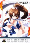  1girl bangs bare_shoulders breasts brown_eyes brown_hair cleavage eyebrows_visible_through_hair fan fatal_fury highres holding izumi_mahiru kneeling large_breasts long_hair looking_at_viewer mouth_hold ninja official_art pelvic_curtain ponytail queen&#039;s_blade queen&#039;s_gate revealing_clothes scan shiranui_mai simple_background the_king_of_fighters 