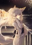  1girl :p animal_ears bangs bracelet eyebrows_visible_through_hair fireworks fox_ears fox_tail grey_hair hair_tucking highres horizon japanese_clothes jewelry kimono long_hair looking_at_viewer night night_sky obi original outdoors ponytail red_eyes sash shio_(shia-ushio) sketch sky solo stairs tail tongue tongue_out wide_sleeves 