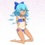  1girl :d adapted_costume arms_behind_back bare_legs bare_shoulders barefoot bikini blue_bikini blue_bow blue_eyes blue_hair bow cato_(monocatienus) cirno commentary_request eyebrows_visible_through_hair flat_chest floral_background flower full_body hair_bow hidden_star_in_four_seasons ice ice_wings kneeling large_bow looking_at_viewer navel one-piece_tan open_mouth plant short_hair side-tie_bikini simple_background smile solo strapless strapless_bikini sunflower swimsuit tan tanline team_shanghai_alice touhou vines wings 
