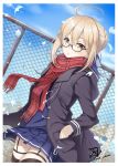  1girl :o ahoge bangs black-framed_eyewear blonde_hair blush braid commentary_request dark_persona fate/grand_order fate_(series) feathers fence french_braid glasses hair_between_eyes hand_in_pocket heroine_x heroine_x_(alter) jacket looking_at_viewer mono_kuroma plaid plaid_scarf red_scarf saber scarf school_uniform semi-rimless_glasses sky solo thigh-highs twitter_username under-rim_glasses yellow_eyes 