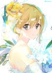  1girl atsumi_jun bangs bare_shoulders blonde_hair blue_eyes chromatic_aberration closed_mouth dress eyebrows_visible_through_hair flower from_side hair_between_eyes hair_flower hair_ornament lily_(flower) looking_at_viewer looking_back original solo tears twitter_username white_dress white_flower yellow_flower 