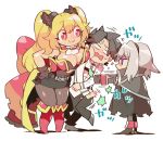  1boy 2girls anne_bonny_(fate/grand_order) black_hair blonde_hair blush breasts bright_pupils chibi cleavage coat command_spell fate/grand_order fate_(series) fujimaru_ritsuka_(male) full_body girl_sandwich hair_intakes hat jitome large_breasts long_hair looking_at_another maru_show mary_read_(fate/grand_order) multiple_girls no_pupils pirate_hat punching red_eyes sandwiched scar short_hair silver_hair smile twintails uniform 