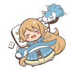  1girl :d blonde_hair blue_dress blush_stickers cellphone character_request charlotta_(granblue_fantasy) chibi closed_eyes crossover dratini dress from_above full_body long_hair looking_at_another lying motion_lines o_(rakkasei) on_back open_mouth outstretched_arms phone pillow pointy_ears pokemon pokemon_(creature) pokemon_go puffy_short_sleeves puffy_sleeves short_sleeves sleeping smartphone smile solid_oval_eyes spread_arms very_long_hair white_background 