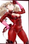  1girl aqua_eyes blonde_hair breasts character_name cleavage cleavage_cutout contrapposto covered_navel gloves gluteal_fold hat hews_hack lips long_hair looking_at_viewer medium_breasts persona persona_5 solo standing takamaki_anne textless twintails whip white_background 