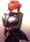  1girl butler elesis_(elsword) elsword female_butler fi-san formal gloves gradient gradient_background hair_between_eyes heart heart-shaped_pupils long_hair looking_at_viewer red_eyes redhead ribbon smile solo standing suit symbol-shaped_pupils tailcoat 