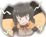  1girl bow bowtie brown_hair frilled_lizard_(kemono_friends) gloves kemono_friends low_ponytail open_mouth orange_eyes portrait short_hair simple_background solo white_background ygrm0324 