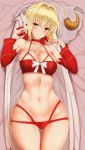  1girl ahoge altera_(fate) altera_the_santa bikini blonde_hair braid breasts choker christmas cleavage cosplay detached_sleeves earmuffs fate/extella fate/extra fate/grand_order fate_(series) french_braid green_eyes highres large_breasts looking_at_viewer lying navel nero_claudius_(fate) nero_claudius_(fate)_(all) noeomi on_back red_ribbon ribbon sheep short_hair smile solo 