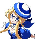  1girl beret blonde_hair blue blue-framed_eyewear blue_eyes breasts cleavage_cutout commentary enter-girl glasses gloves hat mascot medium_breasts neckerchief official_art puffy_short_sleeves puffy_sleeves semi-rimless_glasses short_hair_with_long_locks short_sleeves smile snk solo under-rim_glasses white_background white_gloves 