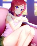  1girl artist_name bare_legs bare_shoulders blurry blush breasts cleavage depth_of_field looking_at_viewer love_live! love_live!_school_idol_project marshall_(wahooo) medium_breasts nishikino_maki redhead short_hair sitting sketch smile solo tank_top violet_eyes 