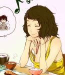 1boy 1girl bare_shoulders brown_hair chin_rest chopsticks closed_eyes cup eating food hand_on_own_face highres kawakami_sadayo kurusu_akira messy_hair mug musical_note no_bra persona persona_5 rice_bowl smile strap_slip tank_top yakibuta_(shimapow)