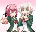  2girls :d black_hair blonde_hair blush bow bowtie commentary_request eyebrows_visible_through_hair gradient gradient_background green_eyes green_jacket green_skirt hair_between_eyes jacket kantai_collection kunashiri_(kantai_collection) long_sleeves multicolored_hair multiple_girls open_mouth pink_background pink_hair pleated_skirt red_bow red_bowtie shimushu_(kantai_collection) short_hair skirt smile tk8d32 two-tone_hair yellow_eyes 