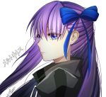  1girl blue_eyes closed_mouth eyebrows_visible_through_hair eyes_visible_through_hair fate/extra fate/extra_ccc fate_(series) hair_ribbon limit_x long_hair meltlilith portrait purple_hair ribbon simple_background solo translated white_background 