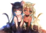  animal_ears bangs bare_shoulders black_dress black_hair blonde_hair blue_eyes blunt_bangs blush breasts cat_ears cat_tail choker cleavage collarbone commentary_request dark_skin dress eyebrows_visible_through_hair green_eyes long_hair medium_breasts mole mole_under_eye open_mouth original simple_background sketch small_breasts smile straight_hair strapless strapless_dress tail very_long_hair wavy_hair white_background yamori_(stom) 