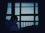  1girl bangs black_hair blue closed_mouth evening expressionless from_side hood hoodie indoors knees_up original ouchi_kaeru railing short_hair sidelocks sitting solo 