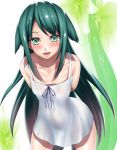  1girl :d absurdres arms_behind_back bare_shoulders breasts collarbone cowboy_shot dress floral_background green_eyes green_hair hair_flaps highres leaning_forward long_hair open_mouth saya saya_no_uta see-through_silhouette small_breasts smile solo sundress tama_(tamakaka1031) very_long_hair white_dress 