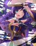  1girl :d blush bow breasts flower green_eyes hair_bow hair_flower hair_ornament japanese_clothes kimono large_breasts long_hair looking_at_viewer love_live! love_live!_school_idol_project motokonut one_eye_closed open_mouth purple_hair smile solo toujou_nozomi twintails very_long_hair 