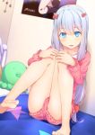  1girl bangs barefoot blue_eyes blue_hair blurry blush bow collarbone cuon_(kuon) depth_of_field dutch_angle eromanga_sensei eyebrows_visible_through_hair feet frills hair_bow hands_on_own_knees highres indoors izumi_sagiri knees_together_feet_apart knees_up leg_hug long_hair long_sleeves looking_at_viewer low-tied_long_hair on_bed pajamas parted_lips pink_bow sitting solo stuffed_animal stuffed_octopus stuffed_toy thighs 
