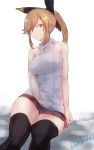  1girl bare_shoulders brown_eyes brown_hair clarisse_(granblue_fantasy) granblue_fantasy hair_ribbon highres kojima_(blue_stardust) ponytail ribbed_sweater ribbon skirt solo sweater sweater_vest thigh-highs 