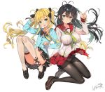  2girls :o ankle_lace-up antenna_hair aqua_eyes arm_at_side ass bangs black_bow black_bowtie black_hair black_legwear black_ribbon black_shoes black_skirt blonde_hair blue_bow blue_eyes blunt_bangs bow bow_panties bowtie breasts brown_shoes cardigan chestnut_mouth collarbone collared_shirt cross-laced_footwear dress_shirt eyebrows_visible_through_hair flat_chest hair_between_eyes hair_ribbon hand_up harunoibuki large_breasts long_hair long_sleeves looking_at_viewer miniskirt multiple_girls open_mouth original panties panties_under_pantyhose pantyhose pantyshot pleated_skirt red_skirt ribbon sailor_collar school_uniform shirt shoes signature simple_background skirt skirt_lift thigh-highs thigh_strap thighband_pantyhose twintails underwear v very_long_hair white_background white_legwear white_panties white_shirt wind wind_lift wing_collar 
