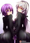  2girls aisha_(elsword) ass breasts butler elsword eve_(elsword) facial_mark female_butler fi-san forehead_jewel formal gloves gradient gradient_background hair_between_eyes hand_holding heart heart-shaped_pupils large_breasts long_hair looking_at_viewer looking_back multiple_girls purple_hair short_hair smile standing suit symbol-shaped_pupils tailcoat violet_eyes white_hair yellow_eyes 