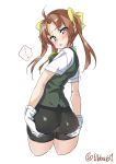  ... 1girl ahoge arms_behind_back ass bangs bike_shorts black_vest blush bow brown_hair cowboy_shot cropped_legs ebifurya eyebrows_visible_through_hair from_behind gloves green_ribbon hair_bow hands_on_own_ass highres kagerou_(kantai_collection) kantai_collection long_hair looking_at_viewer looking_back neck_ribbon open_mouth ribbon shirt short_sleeves sidelocks simple_background sleeveless solo speech_bubble spoken_ellipsis twintails twitter_username vest violet_eyes white_background white_gloves white_shirt yellow_bow 