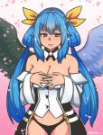 1girl akairiot asymmetrical_wings blue_hair blush bow breasts choker dizzy guilty_gear guilty_gear_xrd highres large_breasts long_hair looking_at_viewer navel necro_(guilty_gear) red_eyes ribbon smile solo tail tail_bow tail_ribbon undine_(guilty_gear) wings 