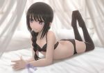  1girl akemi_homura alternate_hairstyle arched_back ass backlighting bare_arms bare_shoulders bed bed_sheet black_hair black_legwear black_panties braid closed_mouth curtains feet foreshortening full_body hair_over_shoulder hands_clasped legs_up long_hair looking_away looking_to_the_side mahou_shoujo_madoka_magica on_bed panties pillow pink_ribbon red_ribbon ribbon single_braid siraha smile soles solo thigh-highs underwear underwear_only violet_eyes wrist_ribbon 
