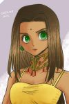  1girl arc_the_lad arc_the_lad_ii bare_shoulders breasts brown_hair choker cleavage commentary_request dark_skin dress facepaint facial_mark green_eyes highres long_hair looking_at_viewer medium_breasts sania_(arc_the_lad) solo upper_body yadoso 