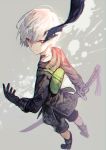  1boy 369minmin android black_clothes blindfold_removed boots choker full_body gloves holding holding_weapon katana long_sleeves male_focus nier_(series) nier_automata patterned_clothing red_eyes short_hair shorts smile solo sword weapon white_hair yorha_no._9_type_s 