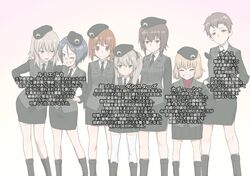  10s 6+girls adapted_costume arm_around_shoulder arms_behind_back bangs beret black_boots black_hat black_jacket black_necktie black_ribbon black_skirt blonde_hair blue_eyes boots brown_eyes brown_hair closed_eyes closed_mouth commentary_request dress_shirt emblem girls_und_panzer glasses grey_hair grin hair_ribbon hands_in_pockets hands_on_hips hat itsumi_erika jacket japanese_tankery_league_(emblem) katyusha light_brown_hair light_smile long_hair long_sleeves looking_at_another looking_at_viewer military military_hat military_uniform miniskirt multiple_girls naomi_(girls_und_panzer) necktie nishizumi_maho nishizumi_miho one_eye_closed open_mouth parted_lips pencil_skirt pleated_skirt red_shirt ribbon round_glasses rumi_(girls_und_panzer) selection_university_military_uniform shimada_arisu shirt short_hair silver_hair simple_background skirt sleeves_past_wrists smile standing sweatdrop translation_request turtleneck uniform very_short_hair wata_do_chinkuru white_background white_shirt 