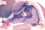  1girl ainy77 blue_ribbon book closed_eyes commentary_request dress hair_ribbon hat hat_ribbon highres inkwell long_hair mob_cap patchouli_knowledge purple_hair quill red_ribbon ribbon sidelocks sleeping solo touhou 