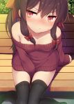  1girl bare_shoulders bench between_legs black_legwear blush bow breasts brown_hair dress eyebrows_visible_through_hair foreshortening from_above hair_bow hakurei_reimu hand_between_legs knees_together_feet_apart long_hair looking_at_viewer looking_up minamura_haruki red_eyes shirt_tug sidelocks sitting sleeves_past_wrists small_breasts solo sweatdrop sweater sweater_dress thigh-highs touhou 