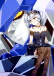  1girl :d bare_shoulders blush choker collarbone commentary_request gaine goggles goggles_on_head gothic_lolita highres lolita_fashion mecha nine_(super_robot_wars) open_mouth silver_hair sitting smile super_robot_wars super_robot_wars_v thigh-highs twintails yakisoba_(kaz2113) yuusha_series yuusha_tokkyuu_might_gaine 