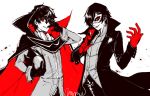  2boys black_hair cape code_geass cosplay fukuyama_jun gloves kurusu_akira kurusu_akira_(cosplay) lelouch_lamperouge lelouch_lamperouge_(cosplay) looking_at_viewer male_focus mask multiple_boys persona persona_5 seiyuu_connection short_hair simple_background smile towne 