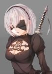  1girl black_dress blindfold breasts cleavage cleavage_cutout covered_eyes dress hairband highres juliet_sleeves long_sleeves medium_breasts mole mole_under_mouth nier_(series) nier_automata nugi_(armenci) open_mouth puffy_sleeves short_hair silver_hair simple_background solo sword upper_body weapon weapon_on_back yorha_no._2_type_b 