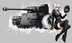  1girl animal_ears artist_request breasts cleavage ground_vehicle looking_at_viewer medium_breasts military military_uniform military_vehicle motor_vehicle original silver_hair sitting solo tail tank tiger_(p) uniform violet_eyes wolf_ears wolf_tail 