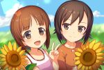  10s 2girls :d blush brown_eyes brown_hair clouds collarbone flower girls_und_panzer grass highres ikomochi long_sleeves looking_at_viewer multiple_girls nishizumi_maho nishizumi_miho open_mouth shiny shiny_hair short_hair siblings sisters sky smile sunflower tank_top v younger 