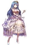  1girl absurdres blue_eyes blue_hair bow character_request cinderella_(grimm) dress full_body gem gloves grimms_notes high_heels highres holding hosato_mikine jewelry long_hair looking_at_viewer simple_background sleeveless smile solo standing tiara wand white_background white_gloves 