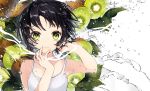  1girl bangs bare_shoulders black_hair collarbone dress fingernails food fruit green_eyes hair_tousle hand_to_head hand_to_own_mouth hand_up hands_up highres kiwifruit leaf looking_at_viewer original parted_lips short_hair sogawa66 solo teeth upper_body water water_drop white_dress 